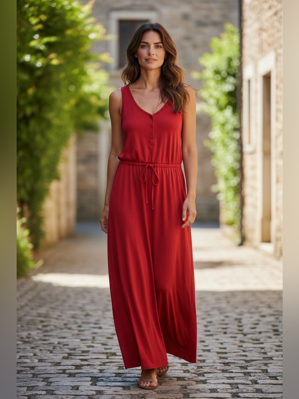 Chelsea & Theodore Red Button Front Jersey Maxi Dress Large